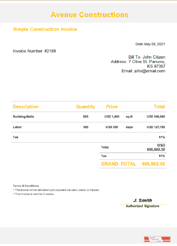 USA Avenue Constructions invoice PSD template